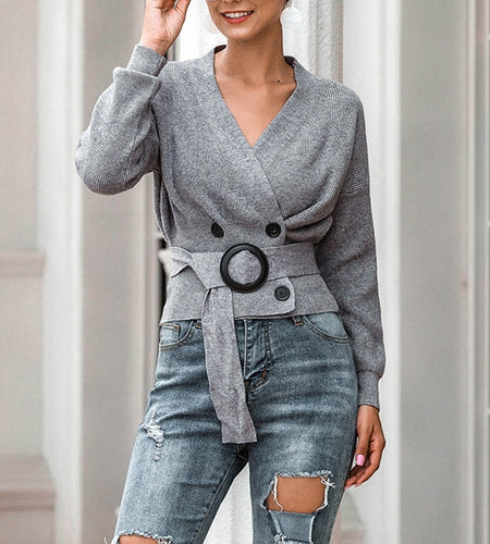 Elegant Women Cardigan Sweater Fashion Belt Autumn Knitted Double Breasted Long Sleeve Tunic Coat Sexy V Neck Black Top