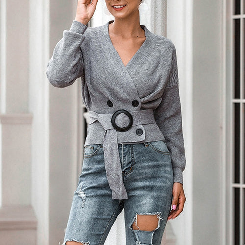Load image into Gallery viewer, Elegant Women Cardigan Sweater Fashion Belt Autumn Knitted Double Breasted Long Sleeve Tunic Coat Sexy V Neck Black Top

