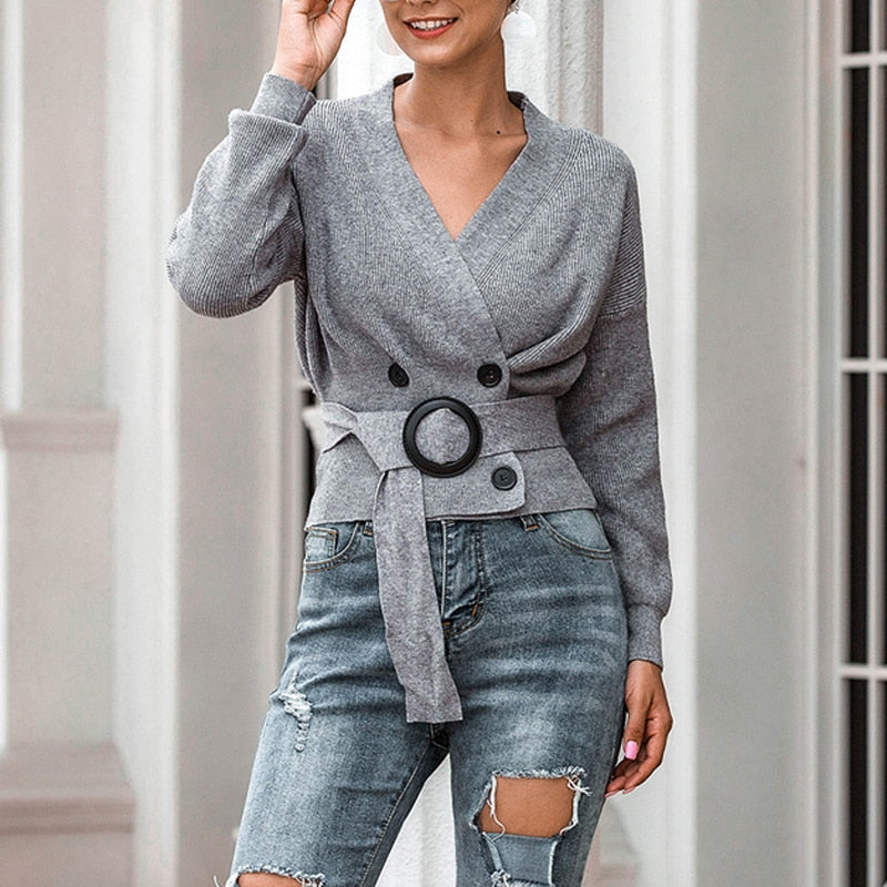 Elegant Women Cardigan Sweater Fashion Belt Autumn Knitted Double Breasted Long Sleeve Tunic Coat Sexy V Neck Black Top