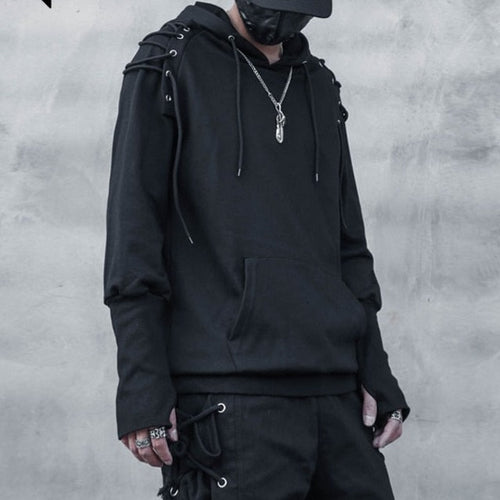 Load image into Gallery viewer, Techwear Harajuku Hoodie and Sweatshirt Men Drawstring Design Cotton Pullover Hip Hop Streetwear Black Clothing Tops WB258
