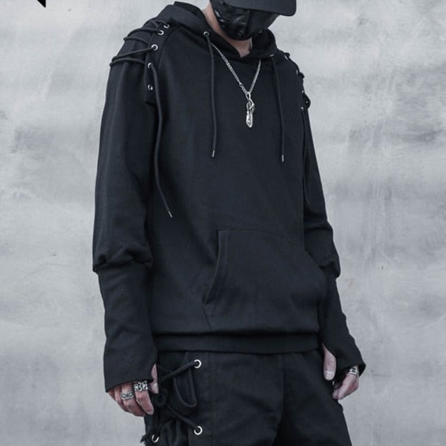Techwear Harajuku Hoodie and Sweatshirt Men Drawstring Design Cotton Pullover Hip Hop Streetwear Black Clothing Tops WB258