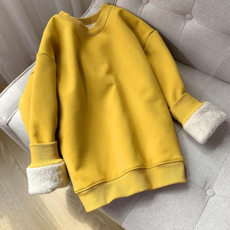 Winter Thick Women Sweatshirt Warm Fashion Simple O Neck Casual Pullover Top Loose Furry Lining Pullover Student Sweatshirt