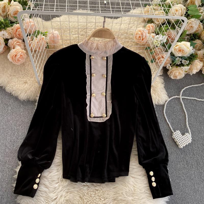 Elegant Women Blouse Fashion Black Double Breasted Pullover Casual O Neck Long Sleeve Female Tops Korean Slim Ladies Shirts