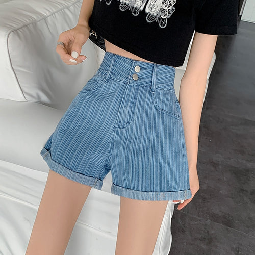 Load image into Gallery viewer, Fashion Striped Denim Shorts Summer High Waist Loose  Wide Leg Short Jean Casual Blue Korean Fashion Pocket Girls Jean
