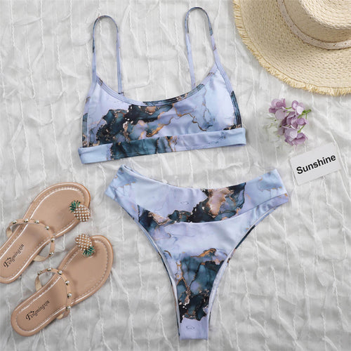 Load image into Gallery viewer, Marble Printed Female Swimsuit Bikini Women Swimwear Two-pieces Bikini set Padded Mid Waist Bather Bathing Suit Swim Lady V2942
