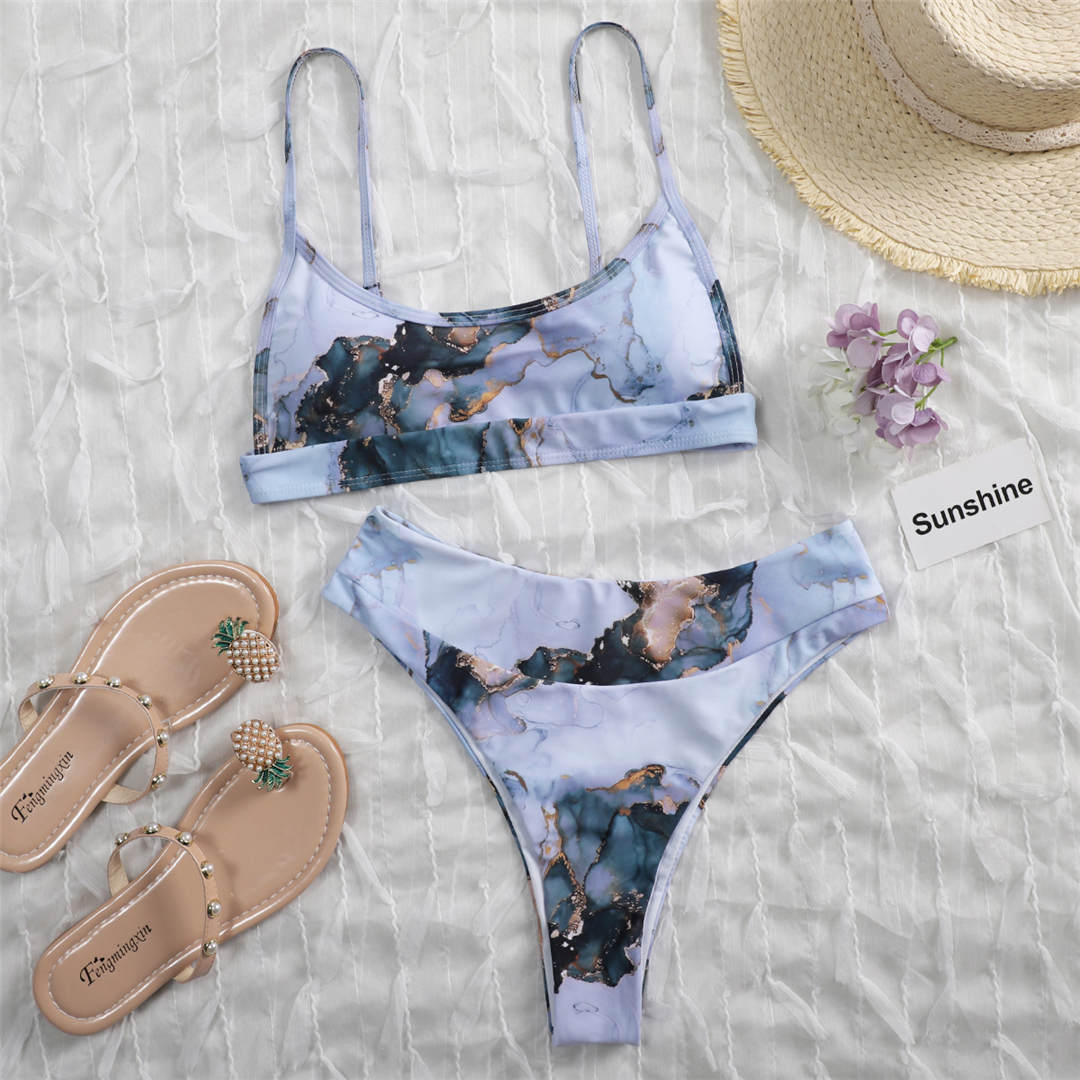 Marble Printed Female Swimsuit Bikini Women Swimwear Two-pieces Bikini set Padded Mid Waist Bather Bathing Suit Swim Lady V2942