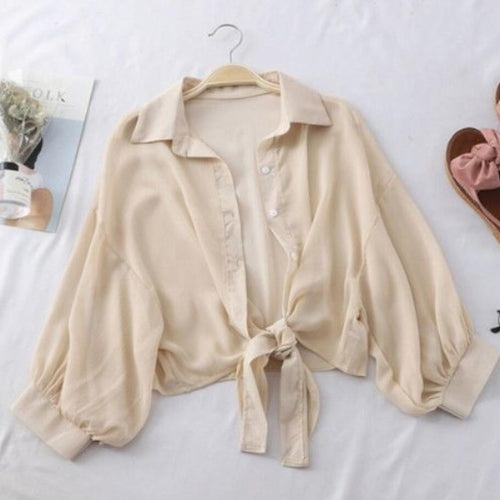 Load image into Gallery viewer, Chiffon Women New  Shirts Summer Half Sleeve Buttoned Up Loose Casual Sunny Shirts Female Tied Waist Elegant White Tops
