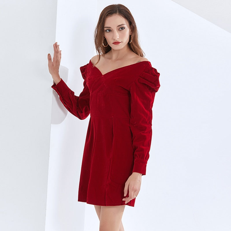 Mini Dress For Women V Neck Puff Long Sleeve High Waist Tunic Plus Size Sexy Dresses Female Clothes