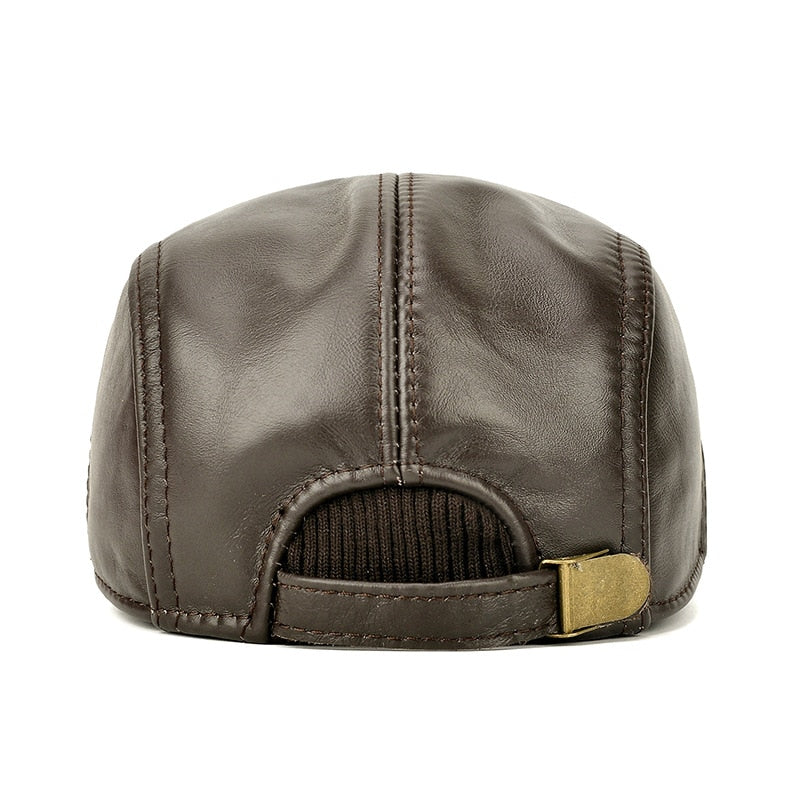Brand Genuine Leather Beret Hat Men Brown Cowhide Winter Berets Ear Flaps Plus Velvet Peaked Cap For Men