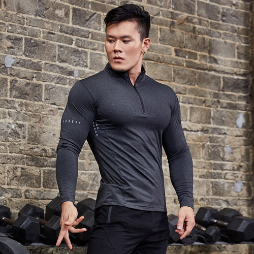 Load image into Gallery viewer, Men Tight Sport T-Shirt Long Sleeve Gym Running Clothing Fitness Compression Sportswear Zip Pullover Hiking Rashgard Sweatshirt
