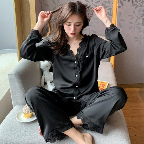 Load image into Gallery viewer, White silk like women&#39;s pajamas set autumn long-sleeved nighties palace style sleepwear set black beautiful home nighty suit
