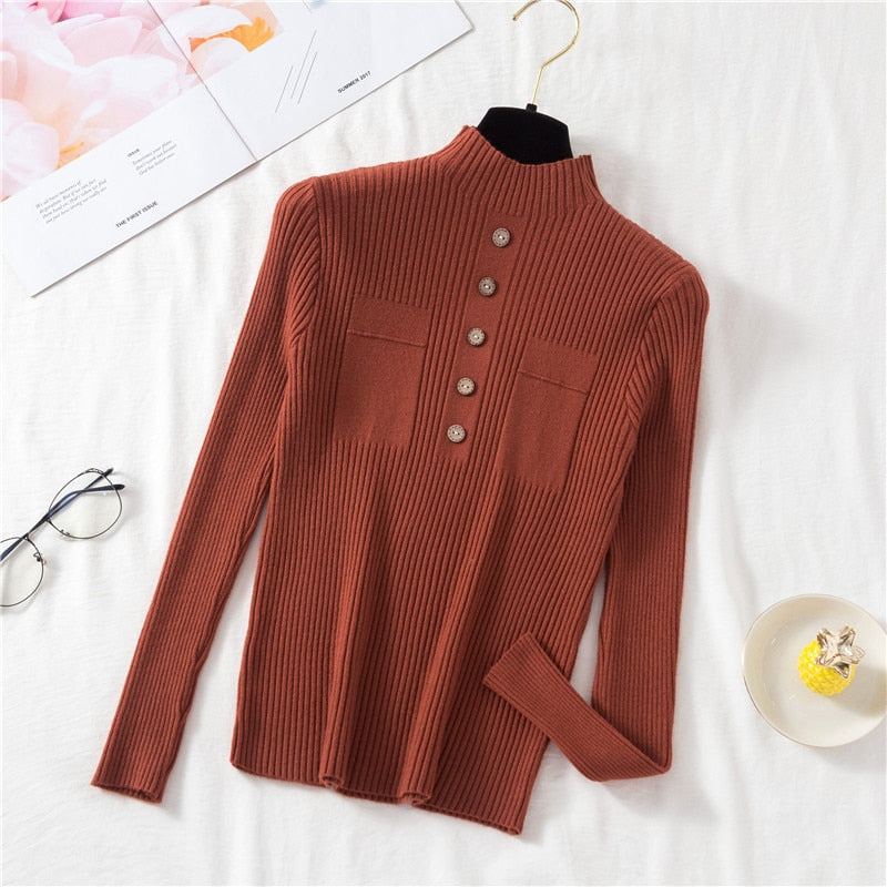 Pullover Women Sweater Autumn Knitted Button Long Sleeve Half Turtleneck Female Jumper Elastic Korean Fashion Blouse Top