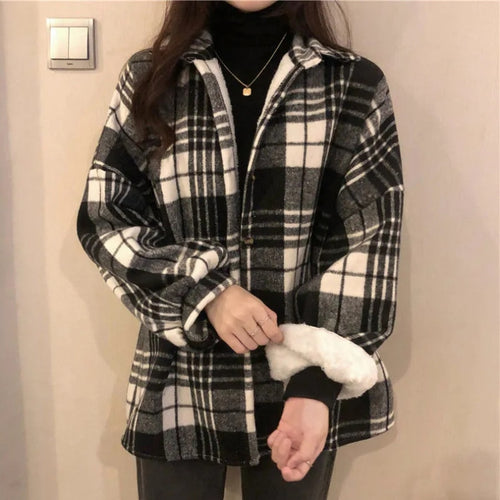 Load image into Gallery viewer, Thick Women Shirts Winter Warm Long Sleeve Vintage Plaid Female Button Up Coffee Ladies Coats Korean Casual Tops
