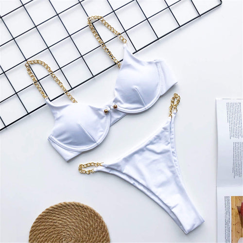 Load image into Gallery viewer, Sexy Golden Chain String High Cut Leg One Piece Swimsuit Women Swimwear Female Bather Tummy Cut Out Bathing Suit Swim V1667
