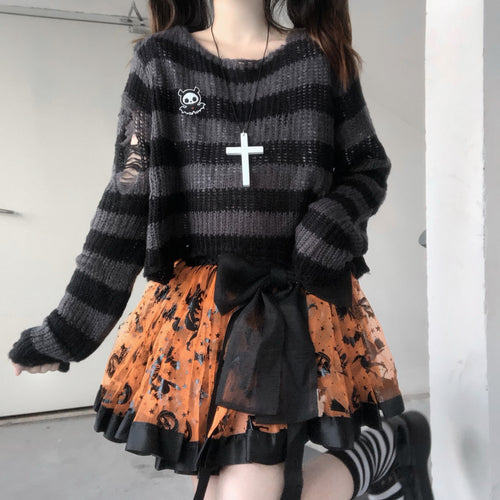 Load image into Gallery viewer, Pink Striped Gothic Sweaters Women Ripped Holes Loose Knitted Pullover Frayed Fairy Grunge Jumpers Emo Streetwear Lolita
