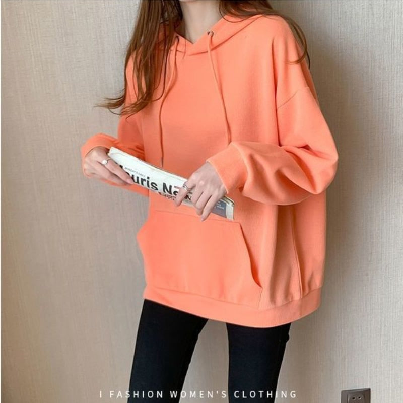 Women Sweatshirts Casual Fall Cotton Gray Hoodies Long Sleeve Loose Korean Loose Simple Hooded Coat Fashion Female Tops