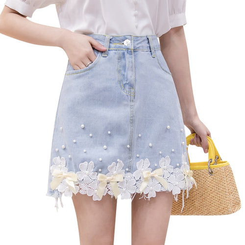 Load image into Gallery viewer, Fashion Lace Flower Denim Skirt Summer Pearl High Waist Ladies Jean Mini Skirt Causal Korean Slim Girls Short Faldas
