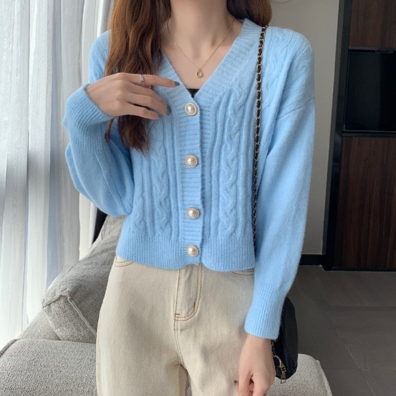 Knit Women Cute Cardigan Sweater Fashion Sweet Pearl Button Fall Loose Sleeve  Short Jacket V Neck Solid Color Coat