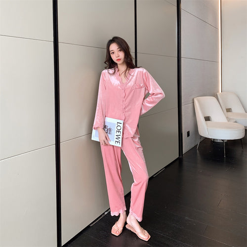 Load image into Gallery viewer, Women&#39;s Pajamas Set Velvet Sleepwear Classical Homewear Lace V Neck Nightwear Simple Pyjamas New Autumn Femme
