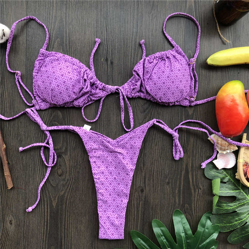 Load image into Gallery viewer, Wrinkled Lace Up Mini Thong Bikini Female Swimsuit Women Swimwear Two-Pieces Bikini set Tie Dye Bather Bathing Suit Swim V2552B
