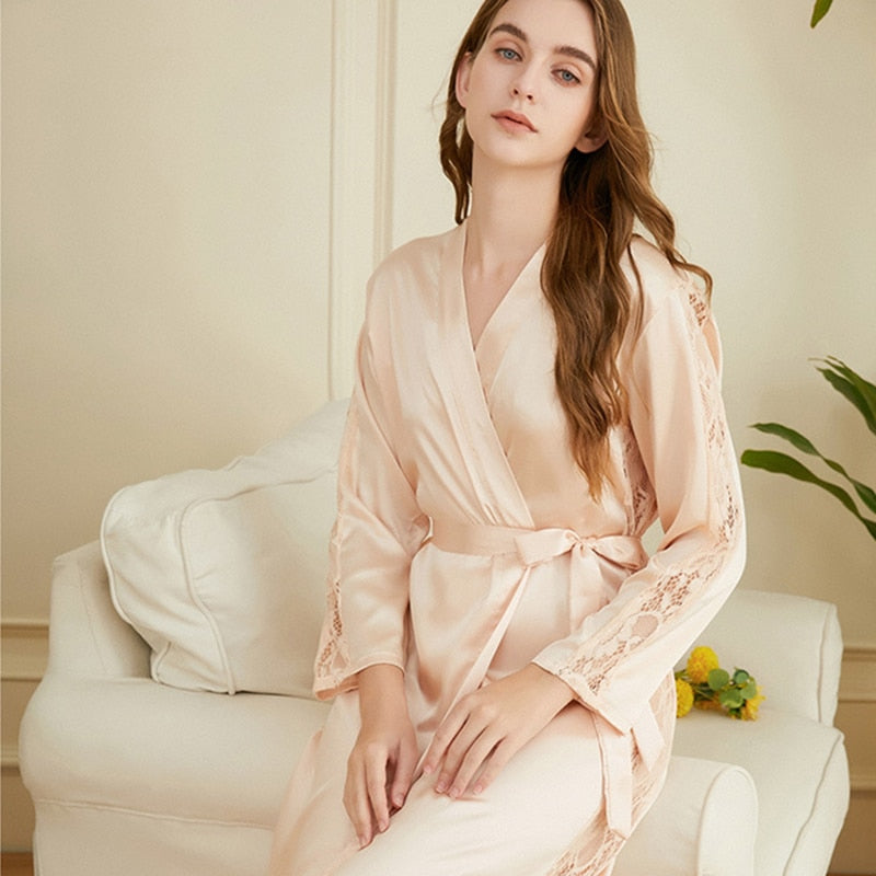 Women's Pajamas Robe Elegant Long Bathrobe Soild Sleepwear Silk Like Homewear V Neck Nightgown Femme пижама женская