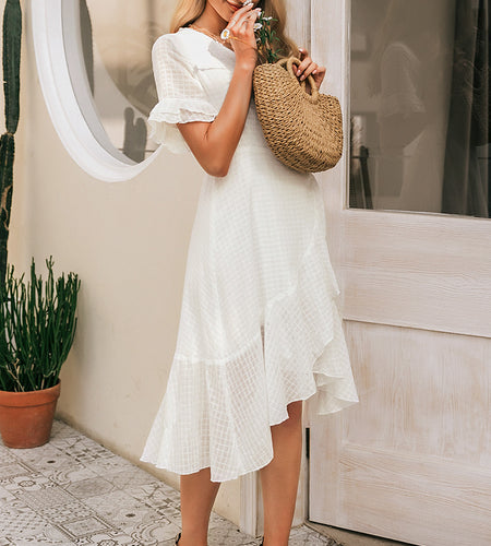 Elegant Ruffled Wrap V-Neck Plaid A-Line Boho Midi Dress-women-wanahavit-White-S-wanahavit