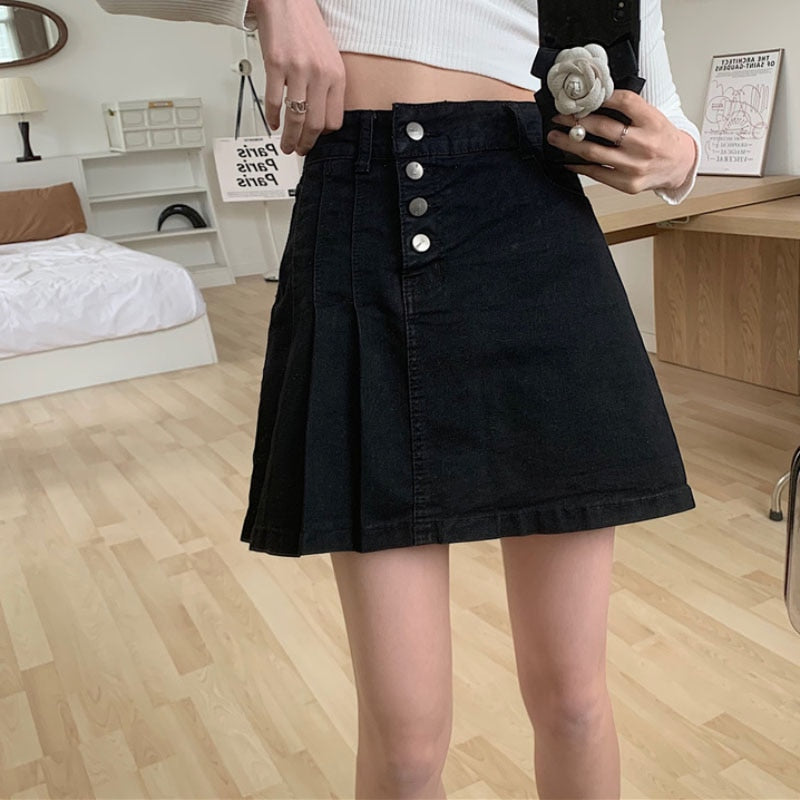 Pleated Women Denim Skirt Korean High Waist Lined Jeans Mini Skirt Fashion A Line Black Female Button Cotton Skirts