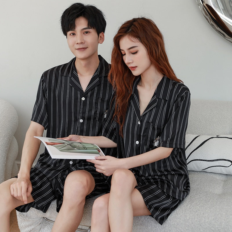 Women's Pajamas Set Luxury Fashion Stripes Sleepwear Couple Nightwear Silk Like Female Male Home Clothes Suit for Men