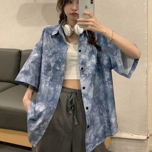 Load image into Gallery viewer, Tie Dye Women Shirts Summer Loose Half Sleeve Hip Hop Japan Girls Tops Fashion Button Up Black Casual Blue Ladies Blouse
