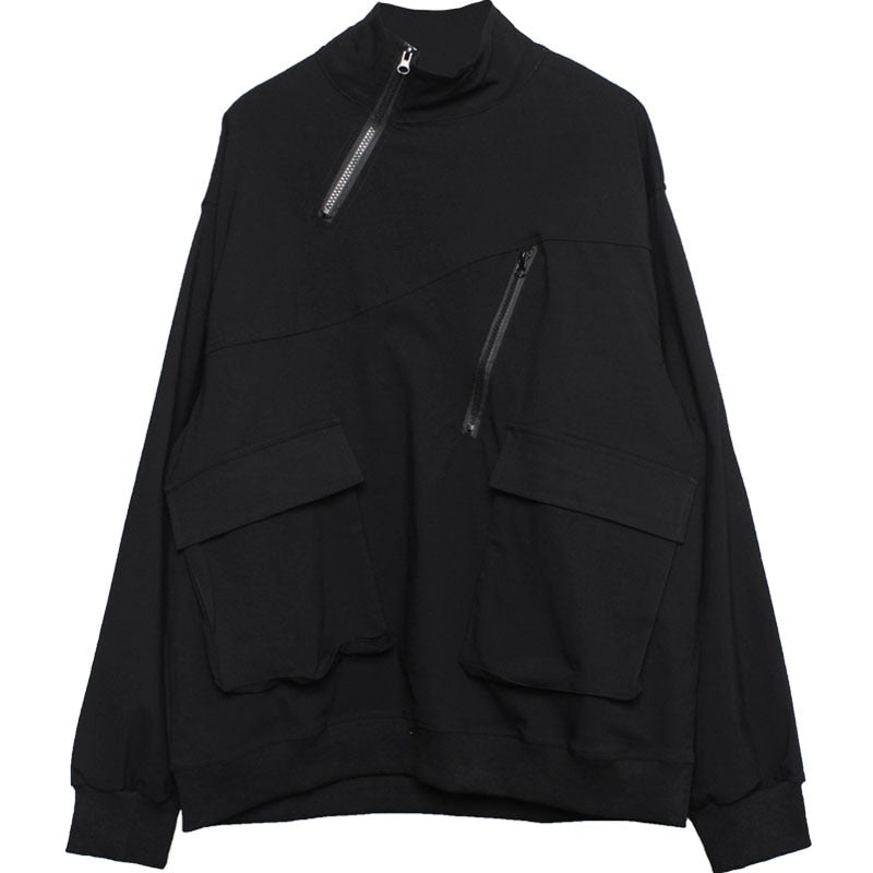 Hip Hop Loose Turtleneck Sweatshirt Spring Zipper Pocket Design Pullover Men Streetwear Tops WB566
