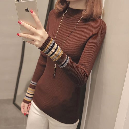 Load image into Gallery viewer, Striped Women Pullover Sweater Fashion Knitted Autumn Female Jumper Casual Korean Half Turtlenck Slim Ladies Base Blouse
