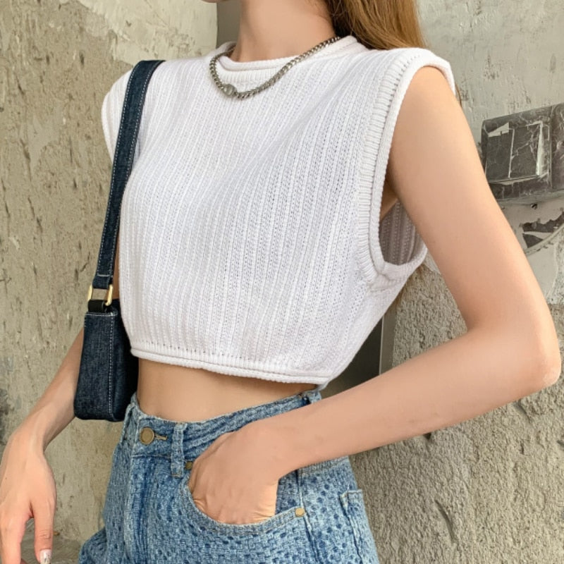 Loose Women Vest Tanks Summer Sleeveless Solid White Knit Korean Pullover O Neck Crop Tops Casual Hollow Out Thin Tops