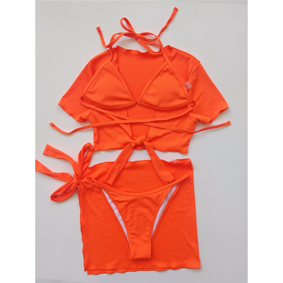 Ribbed Halter Bikini Female Swimsuit Women Swimwear Four-pieces Bikini set With Top Sarong Bather Bathing Suit Swim V3152