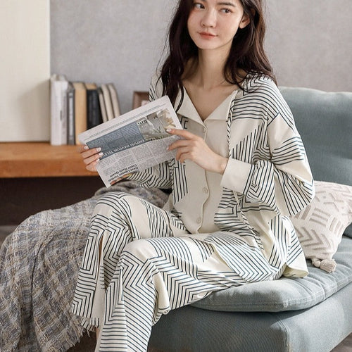 Load image into Gallery viewer, Autumn Women&#39;s Pajamas Set High Quality Bohemian Stripes Print Sleepwear V Neck Cotton Homewear Nightwear Pyjamas Femme
