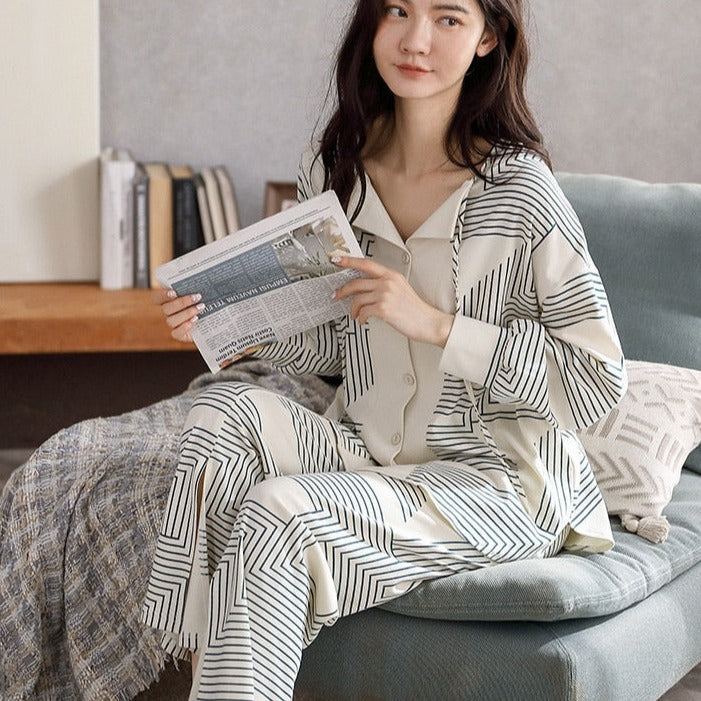 Autumn Women's Pajamas Set High Quality Bohemian Stripes Print Sleepwear V Neck Cotton Homewear Nightwear Pyjamas Femme