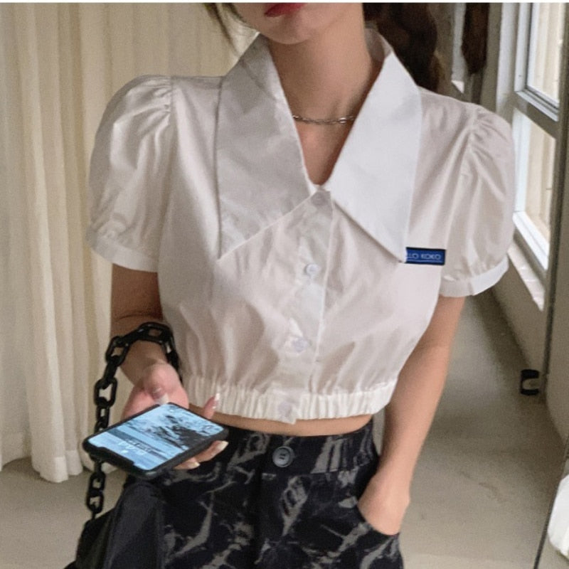 Summer Sweet Women Shirt White Short Sleeve Crop Top Fashion Ladies Button Up Tops Harajuku Casual Cute Mujer Blouse
