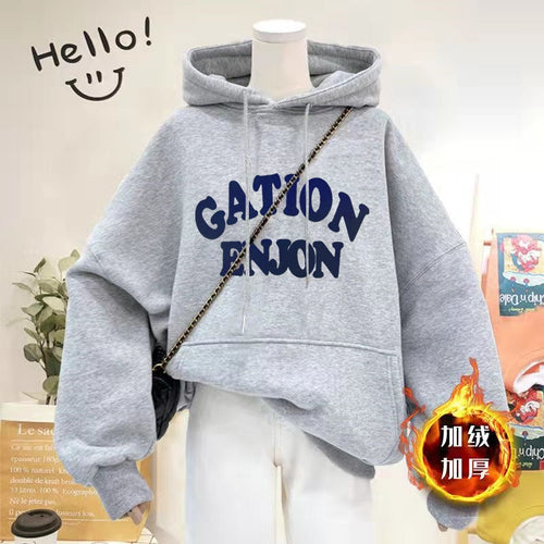 Load image into Gallery viewer, Thick Women Hoodies Winter Pullover Korean Loose Hooded Sweatshirt Warm Fashion Letter Casual Female Pocket Coat
