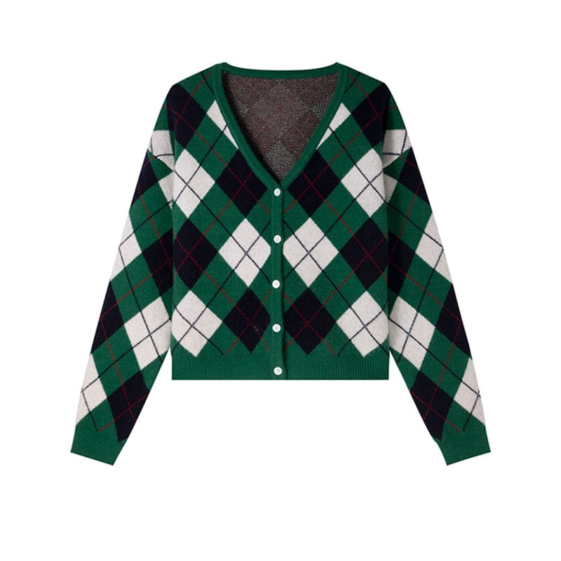 Autumn Women Argyle Knitted Cardigan Fashion Plaid Long Sleeve Casual V Neck Sweater Loose Green Korean Short Jacket