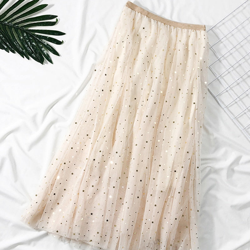 Elegant Korean Women Tulle Skirt Fashion Sequin Star Summer Mesh Ladies Long Skirt Elastic High Waist Party White Skirt