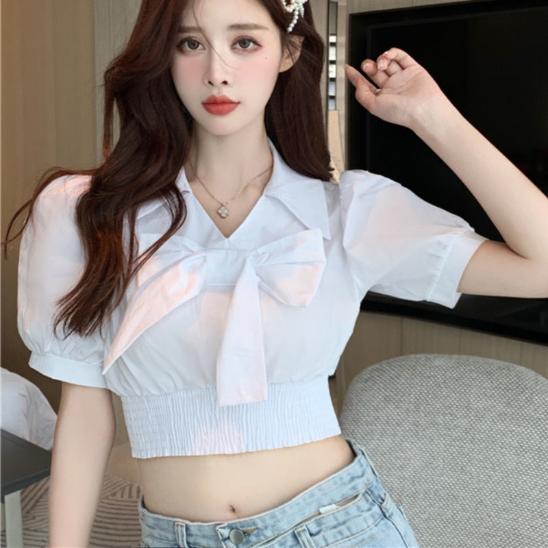 Elegant Tunic Women Blouse Summer Short Sleeve White Korean Bow Knot Ladies Crop Tops Fashion European Style Chic Tops