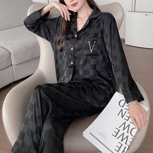 Load image into Gallery viewer, Women&#39;s Pajamas Fashion Luxury Letter Jacquard Lattice Sleepwear Silk Like Nightwear V-neck Homewear Pyjamas Femme
