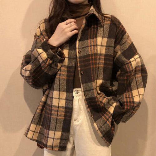 Load image into Gallery viewer, Thick Women Plaid Shirts Long Sleeve Warm Button Up Korean Ladies Tops Vintage Winter Korean Turn Down Collar Female Shirts
