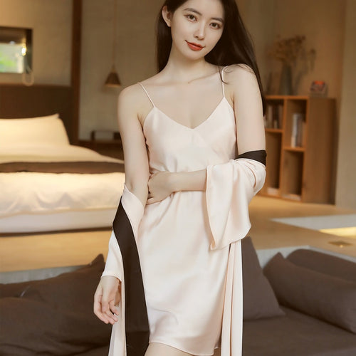 Load image into Gallery viewer, Summer Women&#39;s Pajamas Robe Set Fashion Hit Colors Bathrobe Sleepwear Silk Like Leisure Home Clothes Sling Dress
