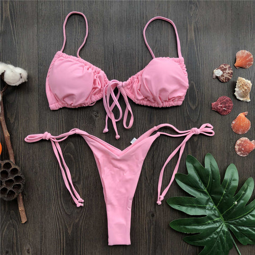 Load image into Gallery viewer, Wrinkled Lace Up Mini Thong Bikini Female Swimsuit Women Swimwear Two-Pieces Bikini set Tie Dye Bather Bathing Suit Swim V2552B
