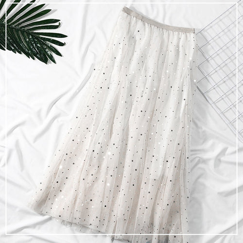 Load image into Gallery viewer, Elegant Korean Women Tulle Skirt Fashion Sequin Star Summer Mesh Ladies Long Skirt Elastic High Waist Party White Skirt
