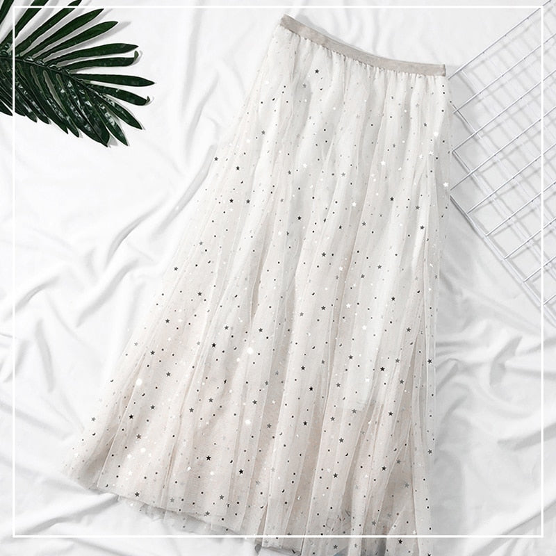 Elegant Korean Women Tulle Skirt Fashion Sequin Star Summer Mesh Ladies Long Skirt Elastic High Waist Party White Skirt