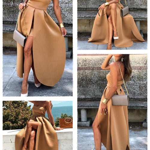 Load image into Gallery viewer, Elegant High Waist Strapless Patchwork Maxi Bodycon Dress-women-wanahavit-camel-S-wanahavit
