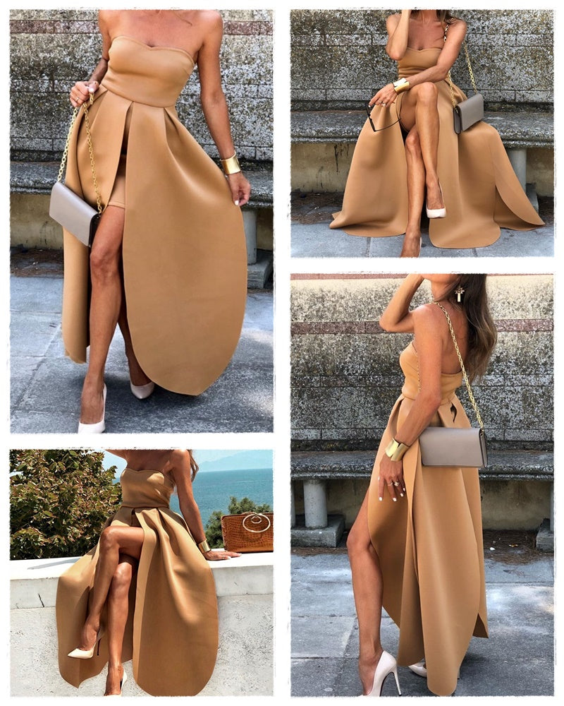 Elegant High Waist Strapless Patchwork Maxi Bodycon Dress-women-wanahavit-camel-S-wanahavit