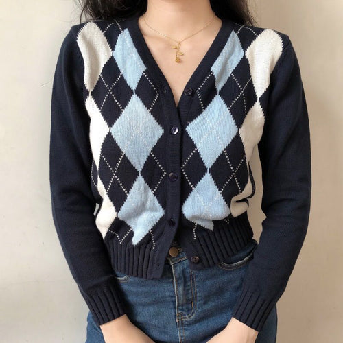Load image into Gallery viewer, Black Argyle Women Cardigan Sweater Fashion Button V Neck Long Sleeve Knitted Plaid Sweater Street Wear Female Thin Jacket
