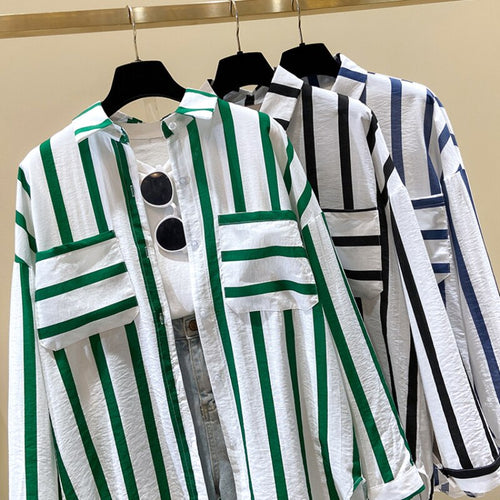 Load image into Gallery viewer, Sweet Women Shirts Summer Fashion Striped Pocket Long Sleeve Loose Button Up Shirt Korean Causal Beach Holiday Pocket Tops
